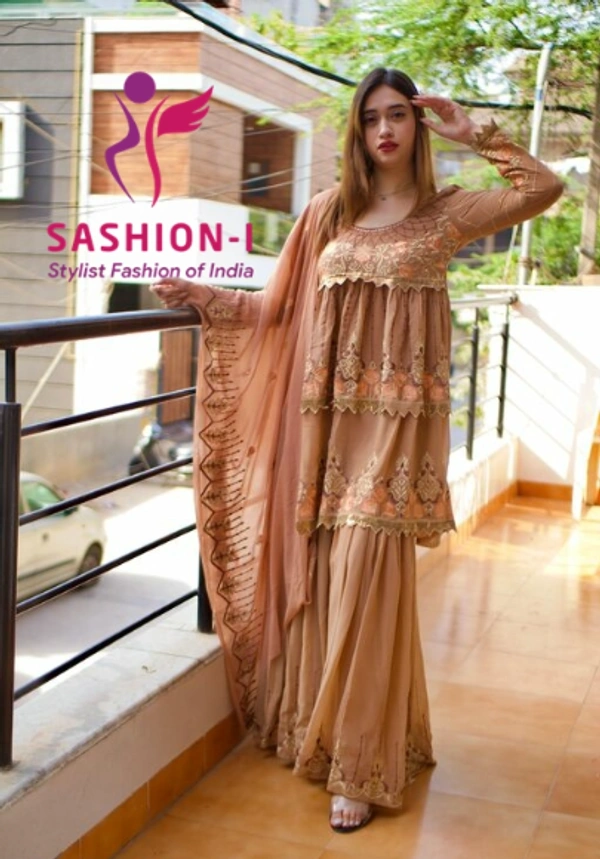 Brown Colour Sharara Salwar Kameez With Dupatta Work